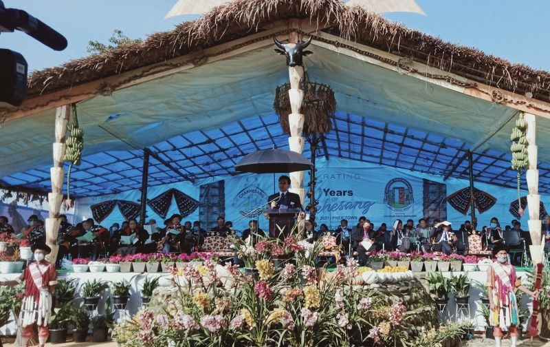 KG Kenye speaking at the celebration of 75 years of Chakhesang tribe at Phek town held on January 10. (Morung Photo)